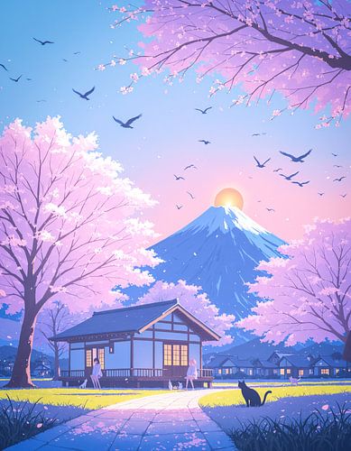 Anime Mont Fuji Pastel Lofi Cerisier en fleur Japon