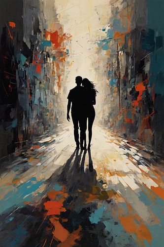 Silhouetten van Liefde tegen een Kleurrijke Achtergrond