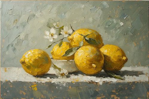 Een stilleven witte kom met citroenen bloesem wabi sabi stijl.