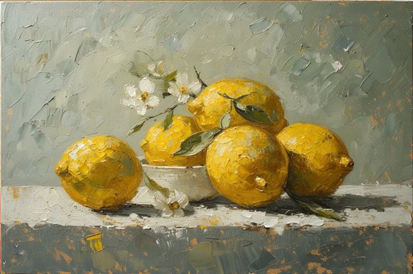 A still life white bowl with lemons . by J.a Dijkstra