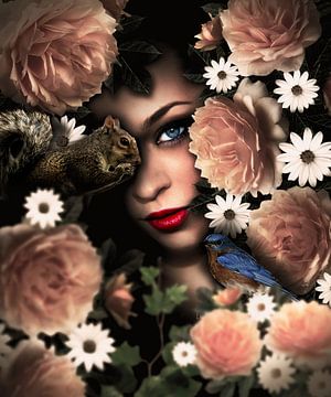 Een vrouw kijkt tussen de bloemen door naar de natuur
