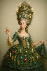 Rokoko-Porträt einer festlichen Dame im weihnachtlichen Stil mit Kerzen und Ornamenten