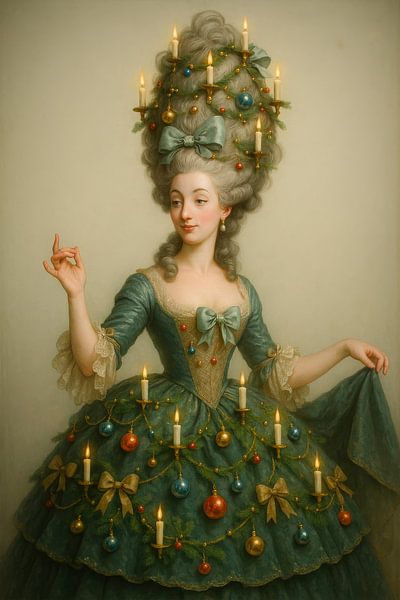 Rococo portrait of a festive lady in Christmas style with candles and ornaments by But First Framing
