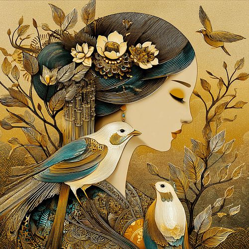 Dame rêveuse avec oiseaux en or et bleu