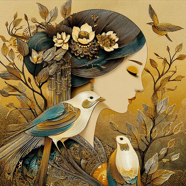 Dreamy Lady with Birds in Gold and Blue by Karina Brouwer