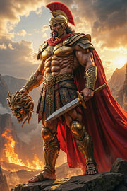 Dark Fantasy Art Wandbild: BALDRAVEN - Perseus hält den Kopf von Medusa in der Hand von INFERAURUM - Dark Fantasy Wall Art