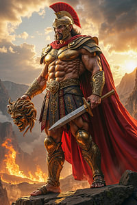 Dark Fantasy Art Wandbild: BALDRAVEN - Perseus hält den Kopf von Medusa in der Hand