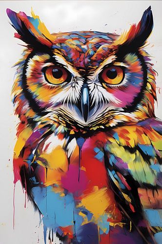 Œuvre d'art abstraite et colorée représentant un hibou