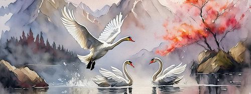 Drie zwanen in een bergmeer