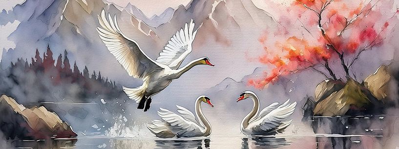 Drie zwanen in een bergmeer van Emiel de Lange