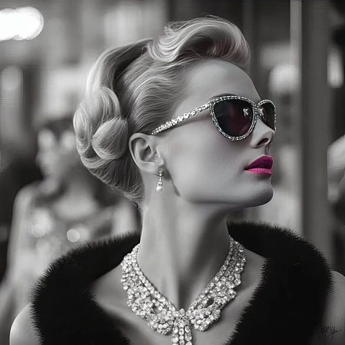 Jane, femme du monde, avec des diamants et des lunettes de soleil