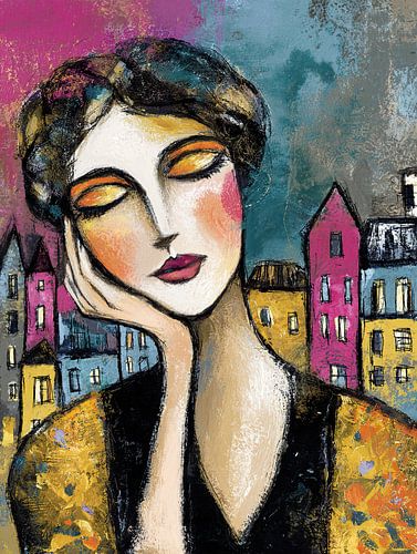 Dreamy woman with colourful city