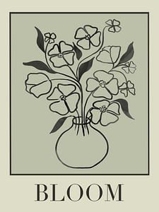 Blüte, Zeichnung in schwarz-weiß mit Text.