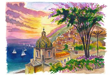 Positano Amalfi Sunset Travel art with coastline and boats