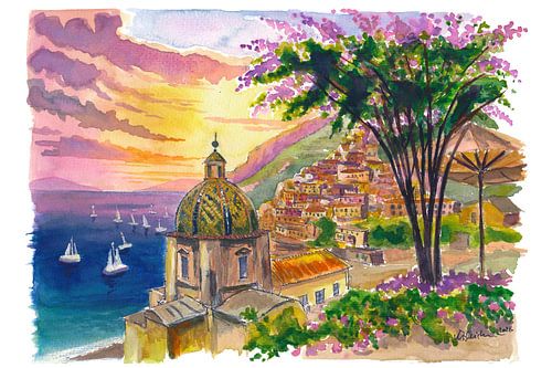 Positano Amalfi Sonnenuntergang Reisekunst mit Küste und Booten
