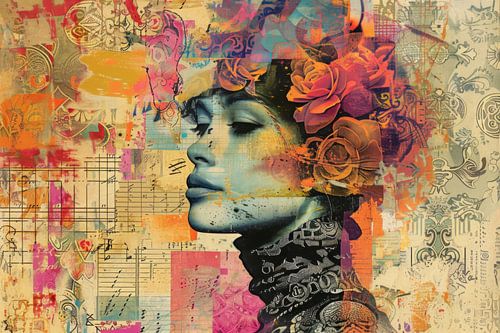 Oranje Bloemenportret Collage – Warme Wanddecoratie