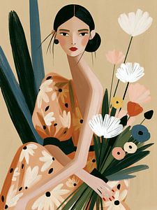 Sie liebt Blumen und moderne Illustrationen