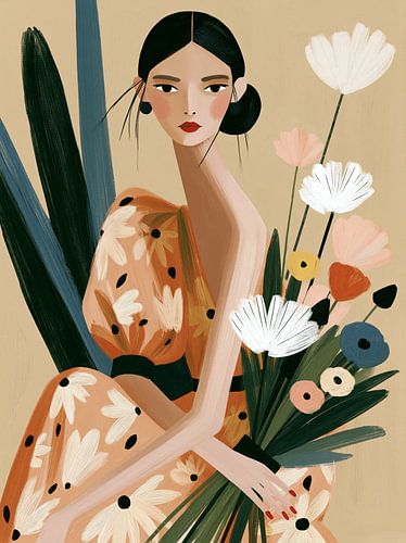 Sie liebt Blumen und moderne Illustrationen