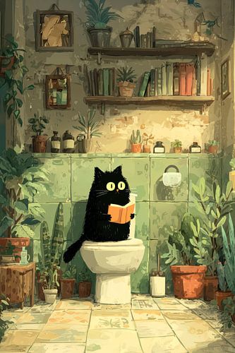 Zwarte kat op het toilet, verdiept in een boek