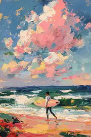 Surfer with pink board on the beach by Niklas Maximilian