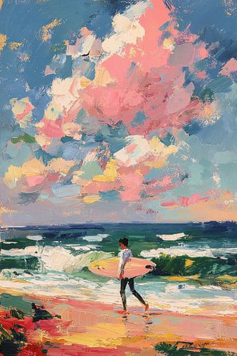 Surfer met roze board op het strand