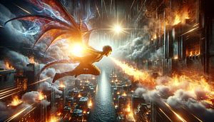 Un dragon flamboyant au-dessus de la ville