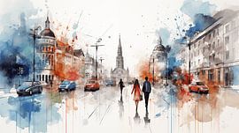 Stadt mit Menschen Panorama-Aquarell auf weißem Hintergrund, Farb Kunst Design