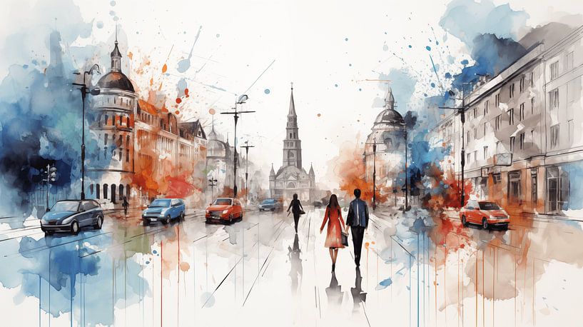 Stadt mit Menschen Panorama-Aquarell auf weißem Hintergrund, Farb Kunst Design von Animaflora PicsStock