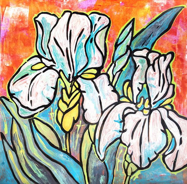 Floral card by acrylic painting. Iris by Ariadna de Raadt-Goldberg