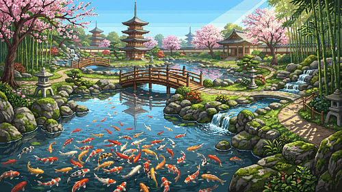 pixel art : Serene Japanese Garden Filled With Koi