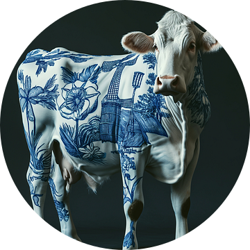 Nederlandse koe met Delfstblauwe tulpen en molens op haar lichaam van Margriet Hulsker