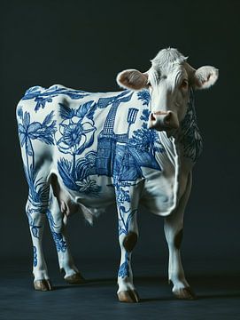 Vache hollandaise avec des tulipes bleues de Delft et des moulins à vent sur son corps sur Margriet Hulsker