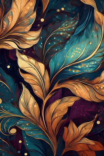 Behang met structuur en bladeren in groen en goud