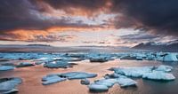 A glowing sunset over the glacier lagoon in Iceland