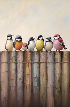 Vogels op een houten hekje van Brigitta Meijer