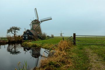 Mills in a misty polder landscape . by Wim Steensma