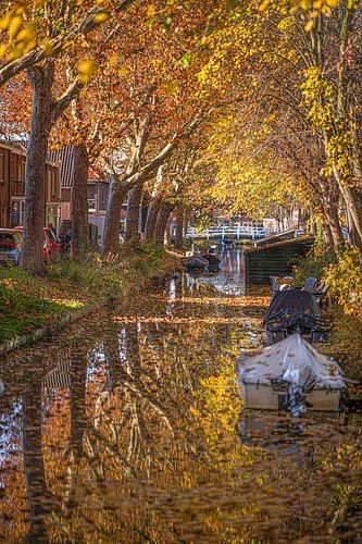 Graben in Enkhuizen im Herbstlaub, das sich in der Gracht spiegelt
