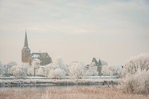 View on Kampen and river IJssel during winter in Overijssel