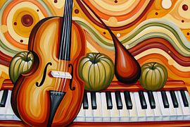 Surrealist painting of violin and fruit by Art & Soul Creations