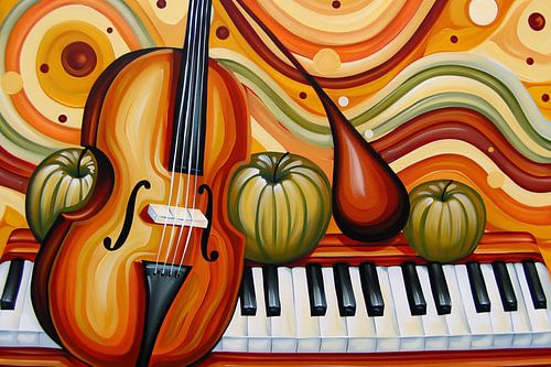 Surrealistisch schilderij van viool en fruit