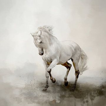 Wit Paard In Abstract Aquarel Landschap Schilderij