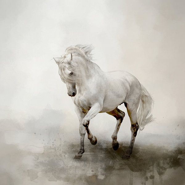 Wit Paard In Abstract Aquarel Landschap Schilderij van Diana van Tankeren