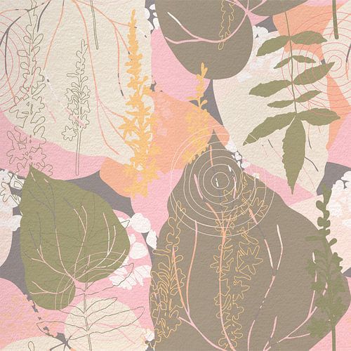 Fleurs dans un style rétro. Art botanique abstrait moderne en rose, brun, beige et vert.