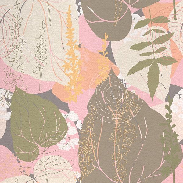 Flowers in retro style. Modern abstract botanical art in pink, brown, beige, green by Dina Dankers