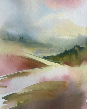 Landelijk aquarel schilderij: Glooiend berglandschap - 2 van Studio Pieternel