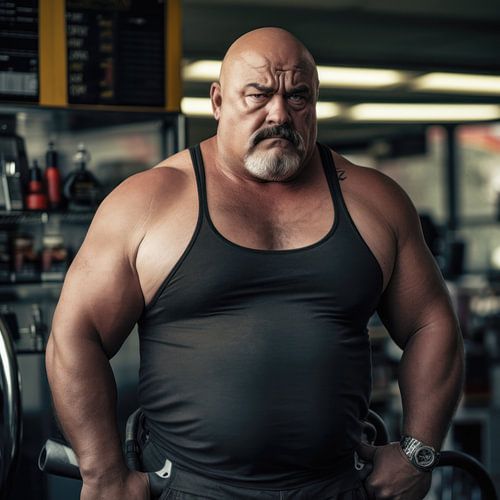 Sterke man bij een benzinestation.