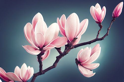 Magnolia bloemen op een blauwe achtergrond. Illustratie