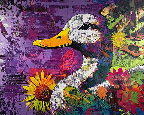 Canard à bec jaune et fleurs