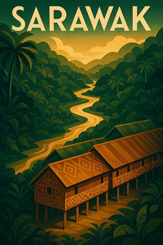 Sarawak Borneo Poster – Tribal Longhouse & Rainforest River Art