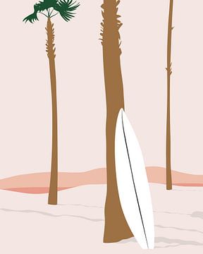 Strand met palmbomen en surfplank van Studio Miloa